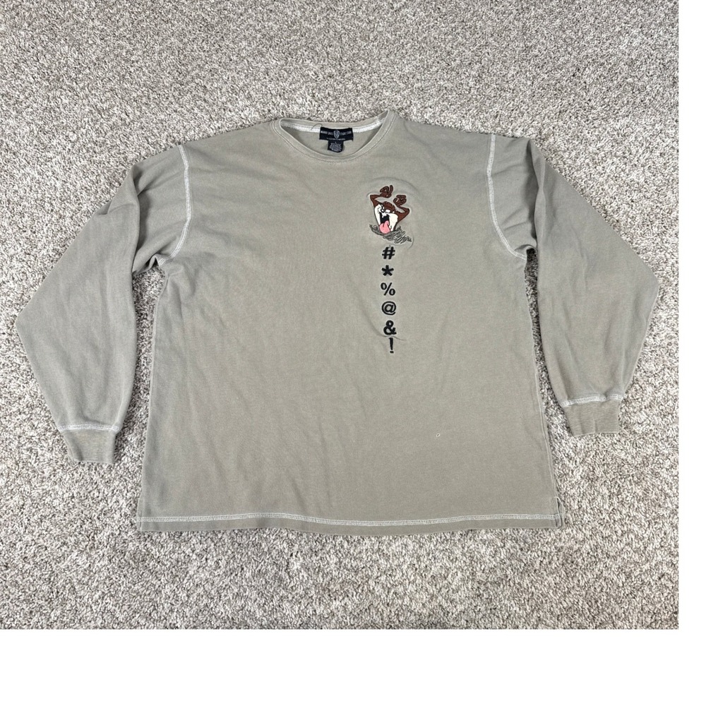 Vintage Warner Bros Taz Shirt‎ Mens L Tan Long Sleeve Embroidered 90s Streetwear